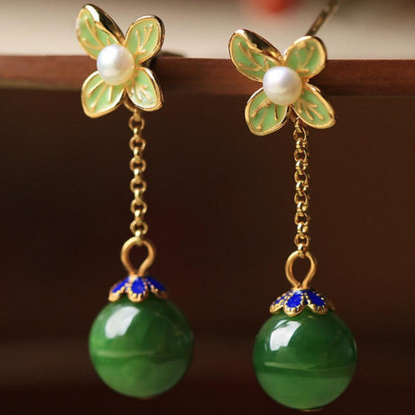 Four-leaf Clover Hetian Jade Enamel Unique Earrings-1