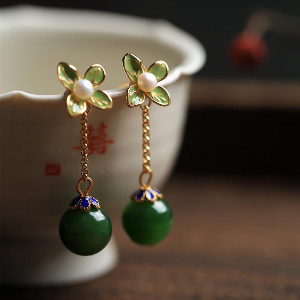 Four-leaf Clover Hetian Jade Enamel Unique Earrings-2