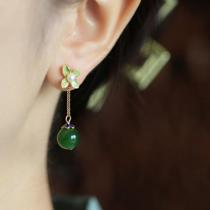 Four-leaf Clover Hetian Jade Enamel Unique Earrings-3