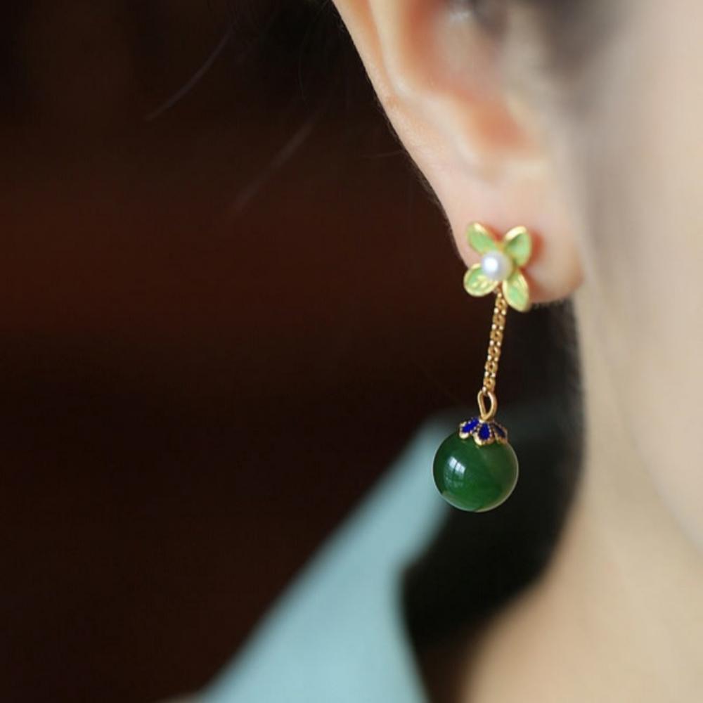 Four-leaf Clover Hetian Jade Enamel Unique Earrings-4