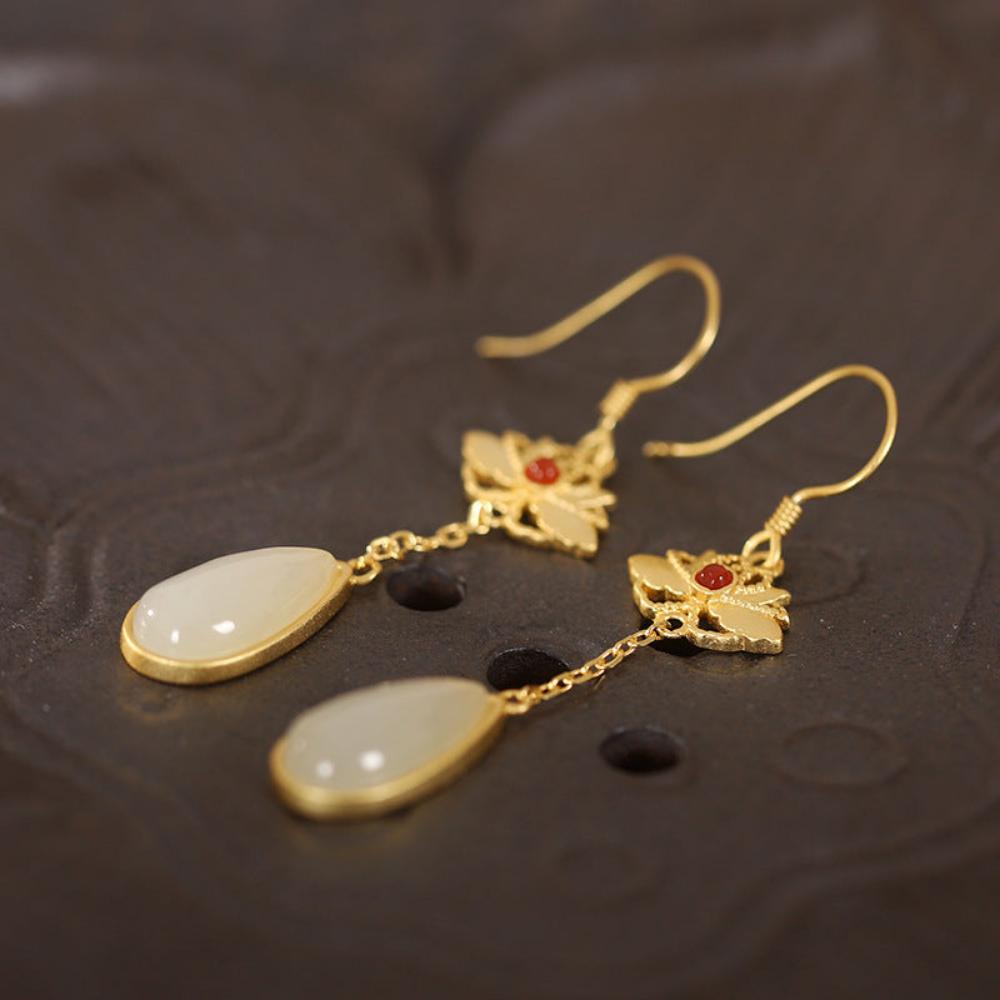 Hetian Jade Drop Agate Embellished Earrings-4