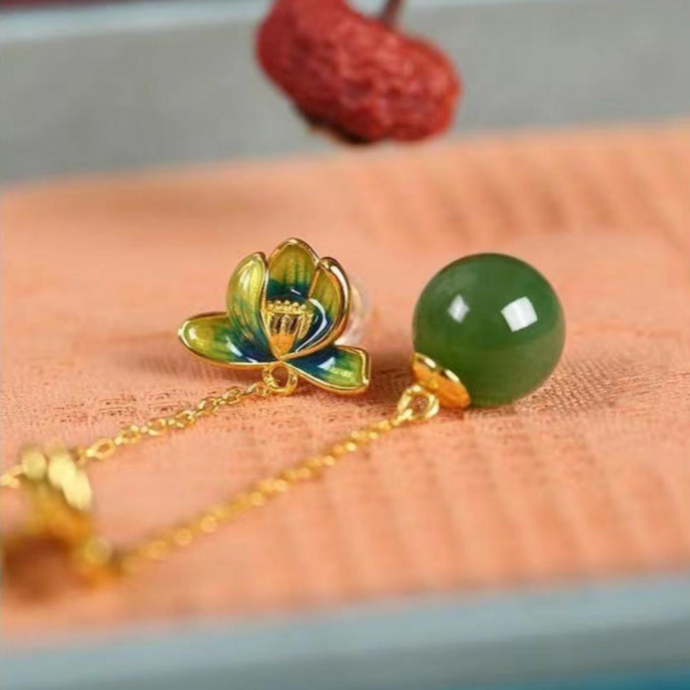 Jasper Lotus Heart New Chinese Style Women Earrings-3