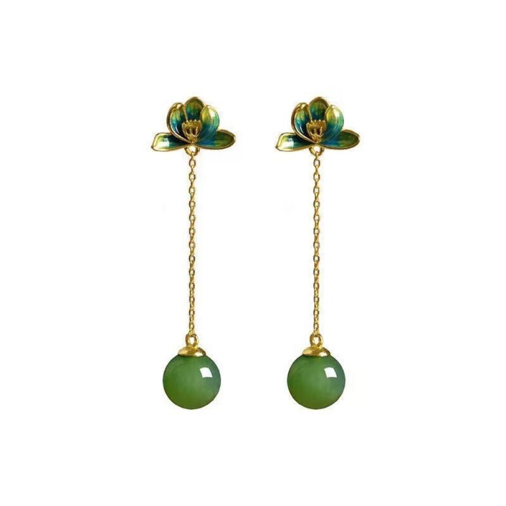 Jasper Lotus Heart New Chinese Style Women Earrings-5