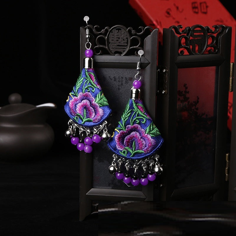 Minority Style Peony Flower Hand Embroidered Earrings-1