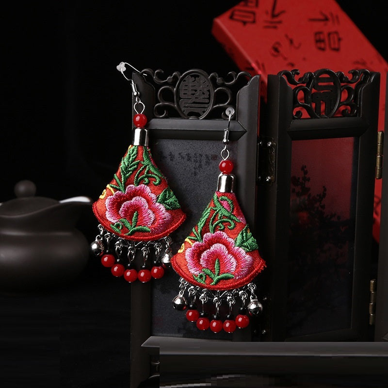 Minority Style Peony Flower Hand Embroidered Earrings-3