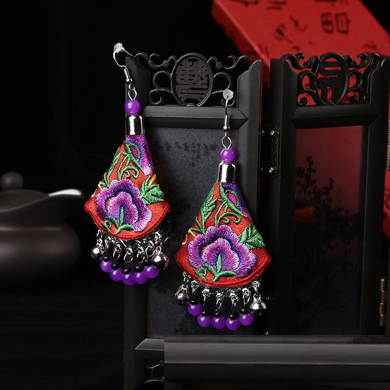 Minority Style Peony Flower Hand Embroidered Earrings-5