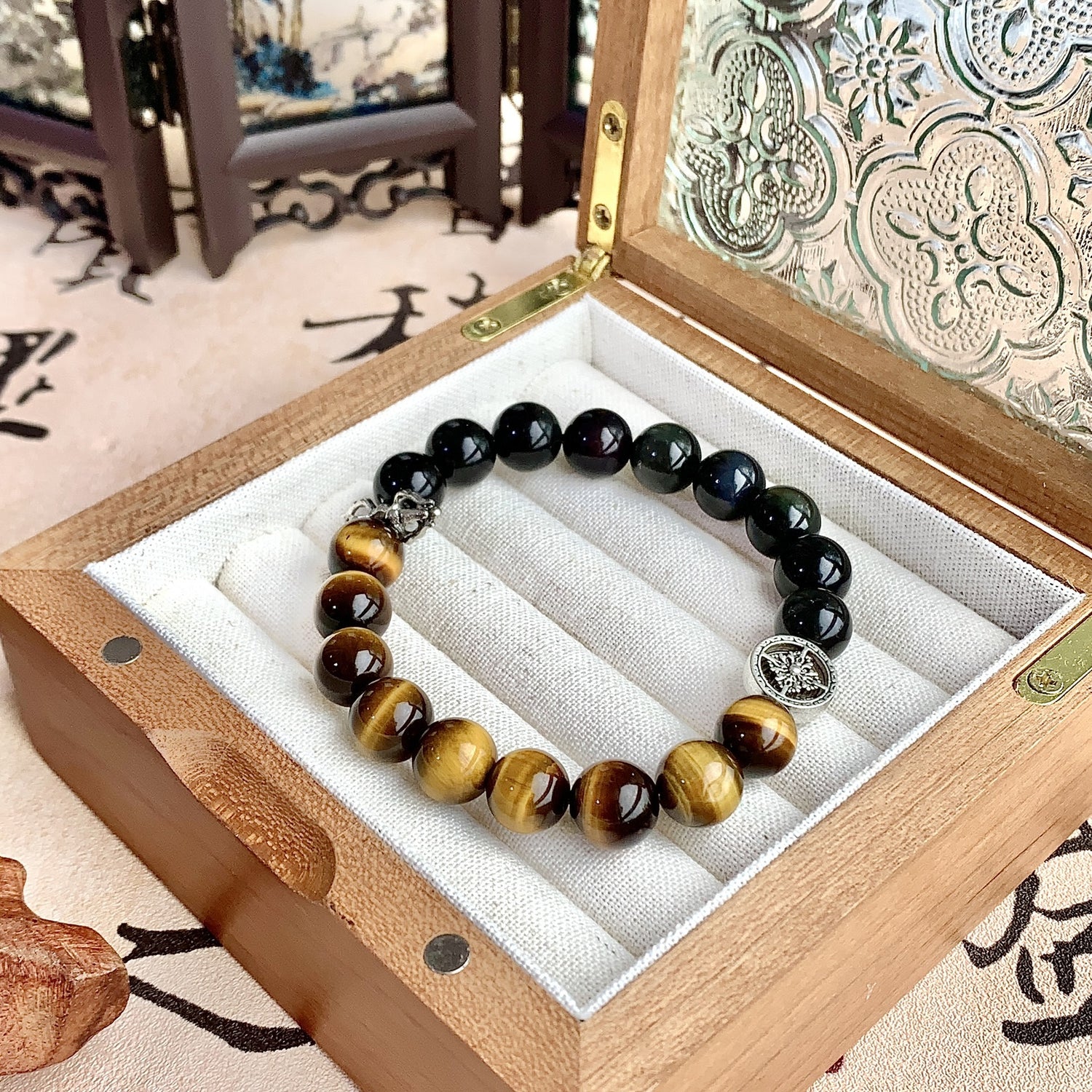 Natural Crystal Bracelet Golden Tigerite Silver Obsidian Bracelet-3