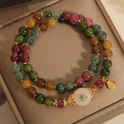 Natural Color Tourmaline Double Ring Bracelet Special Interest Light Luxury High-grade Jade Twin