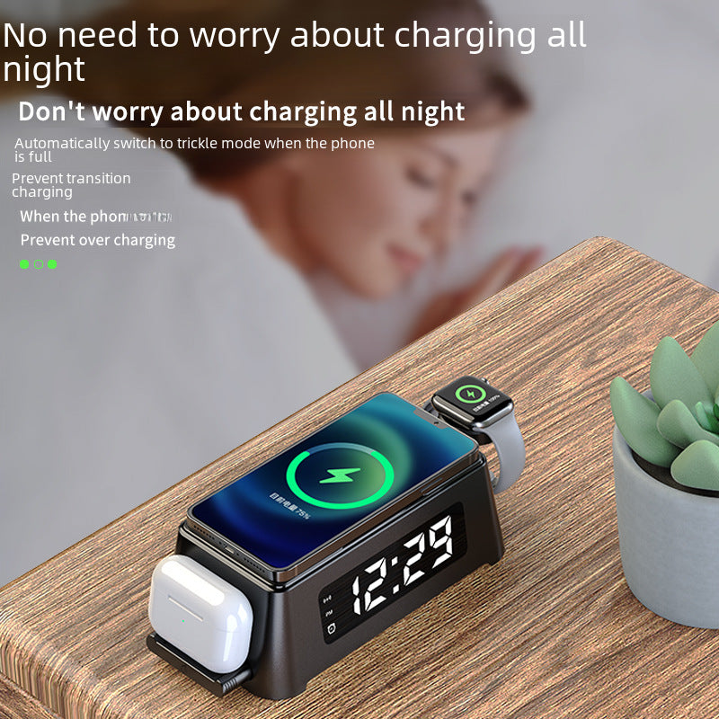 3 in 1 wireless charger with alarm clock, watch, earphone and mobile phone wireless charger