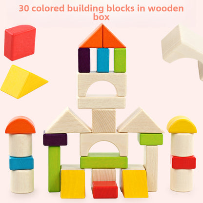 Young children's wooden 30-grain colored wooden boxed building blocks beech wood shape cognitive bulk pile up early education educational toys