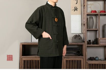 Autumn Winter New Chinese Style Men's Cotton and Linen Stand-up Collar, New Chinese Disc Buckle Men's Tang Thick Jacket