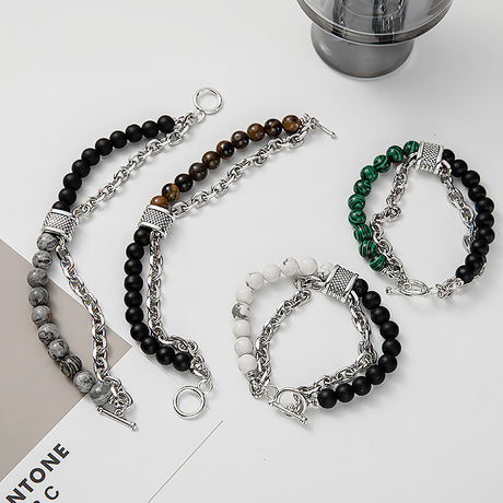 Men’s Titanium Steel Double Bracelet Natural Stone Beaded Chain-1
