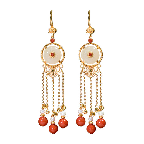 Ancient Style Long Tassel Hetian Jade Malachite Auspicious Cloud Earrings