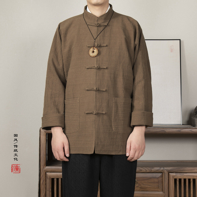 Autumn Winter New Chinese Style Men's Cotton and Linen Stand-up Collar, New Chinese Disc Buckle Men's Tang Thick Jacket