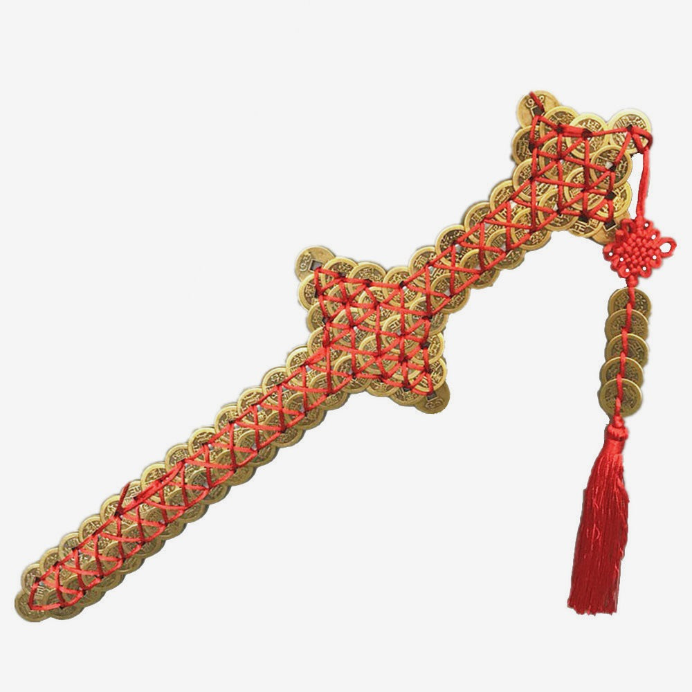 Kupfermünzenschwert, Gold und Silberschwert, dekorative Ornamente, fünf Kaisermünzen, Kupfermünzen Geschenke