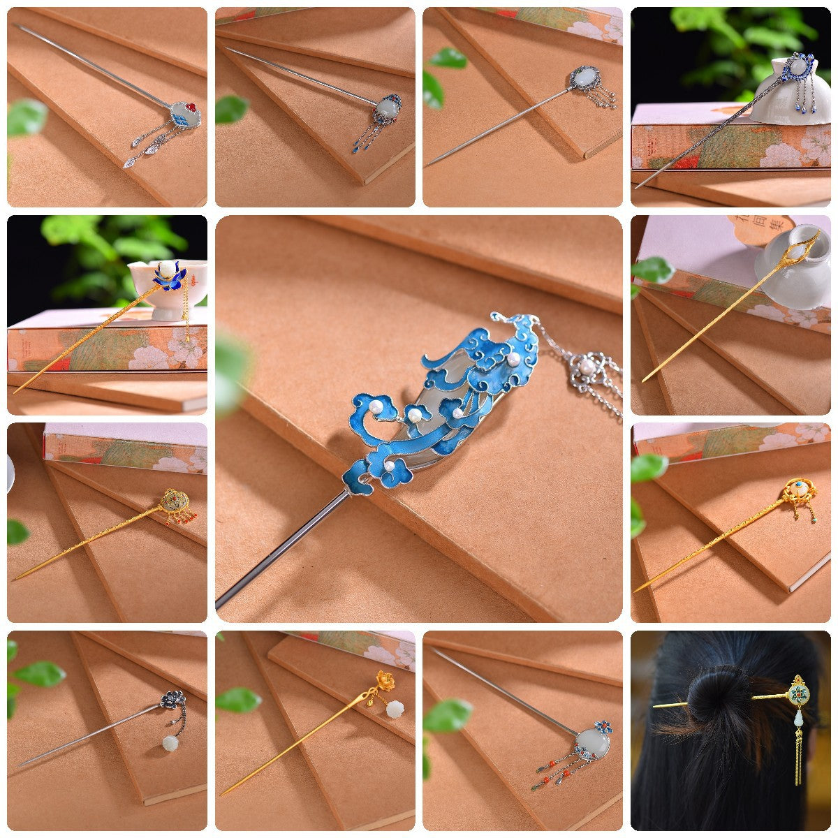 Enamel Hetian Jade Safety Lock Hairpin Hanfu Hair Accessories-3