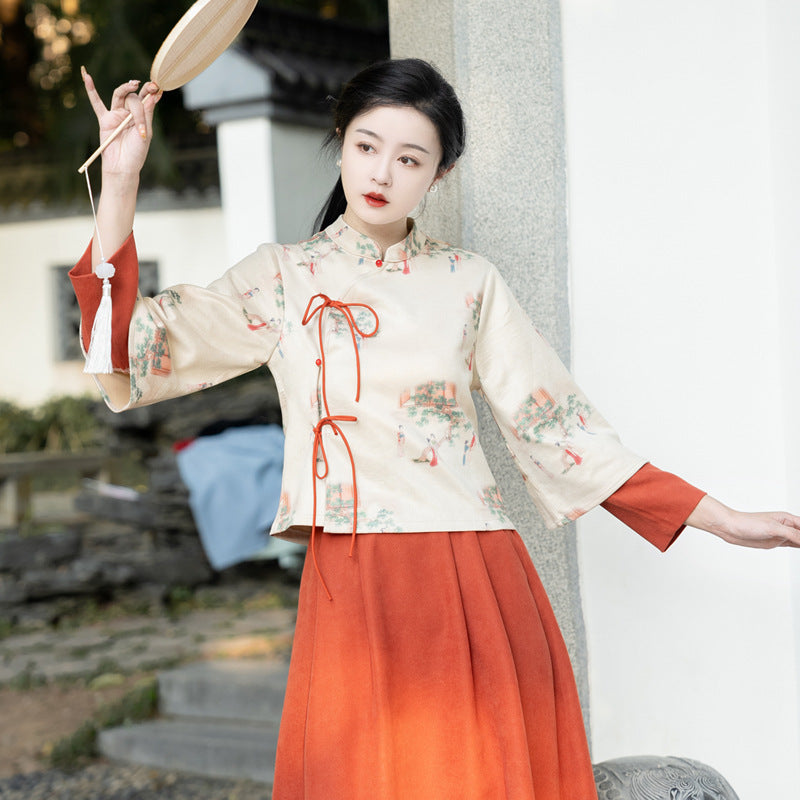 Spring and Autumn New Chinese Retro National Style Lady Print Deerskin Velvet Tang Costume Modified Hanfu Zen Tea Suit Set