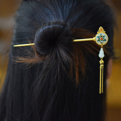 Enamel Hetian Jade Safety Lock Hairpin Hanfu Hair Accessories-2