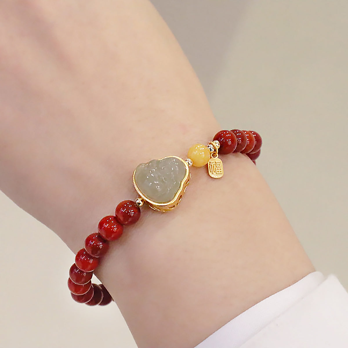 Southern Red Agate Beaded Bracelet with Jade Buddha and 14K Gold Inlay for Women-1