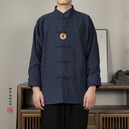 Autumn Winter New Chinese Style Men's Cotton and Linen Stand-up Collar, New Chinese Disc Buckle Men's Tang Thick Jacket