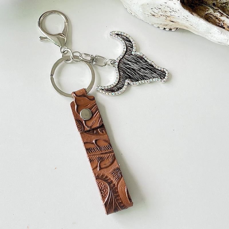 Red Brown Leather Keychain Ethnic Style