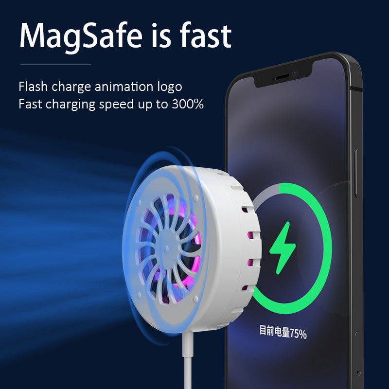 Portable 15W magnetic fan cooling wireless charger for iPhone 14 to 8 full range fast charging