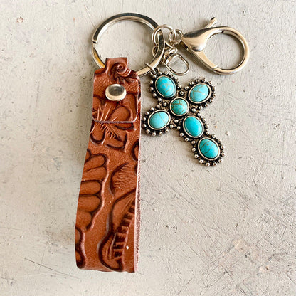 Retro Embossing Cowhide Western Style Turquoise Keychain-3