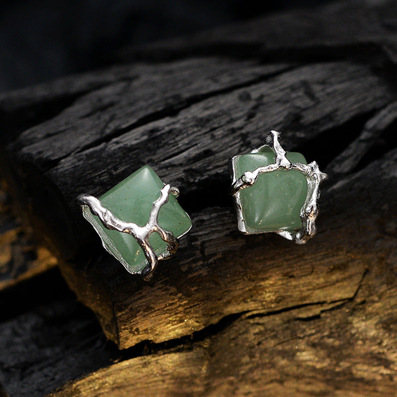 New Chinese Style Simple S925 Silver Square Bead Green Aventurine Earrings