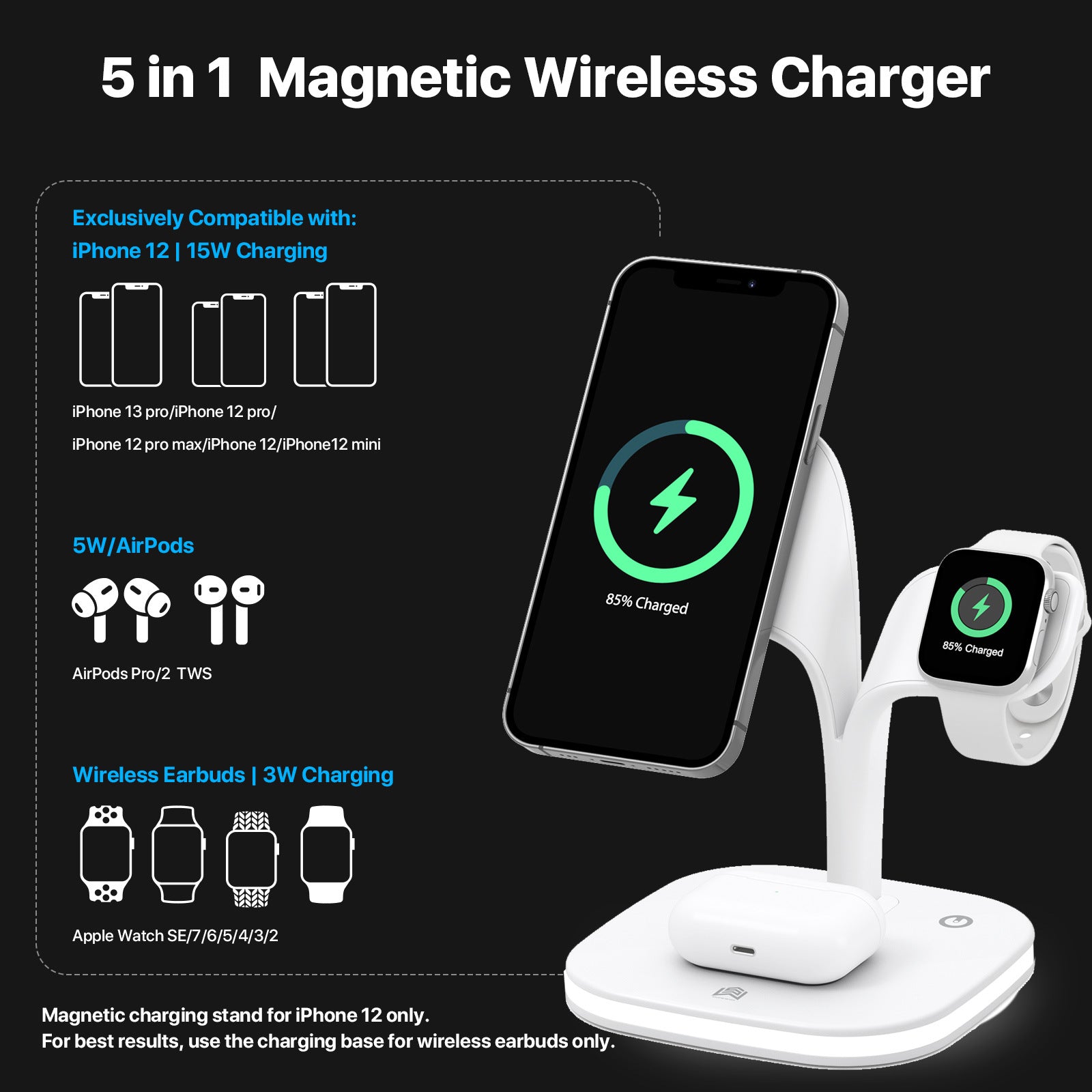 5-in-1 15W Wireless Magnetic Fast Charging Stand - Multifunctional Wireless Charger with Night Light