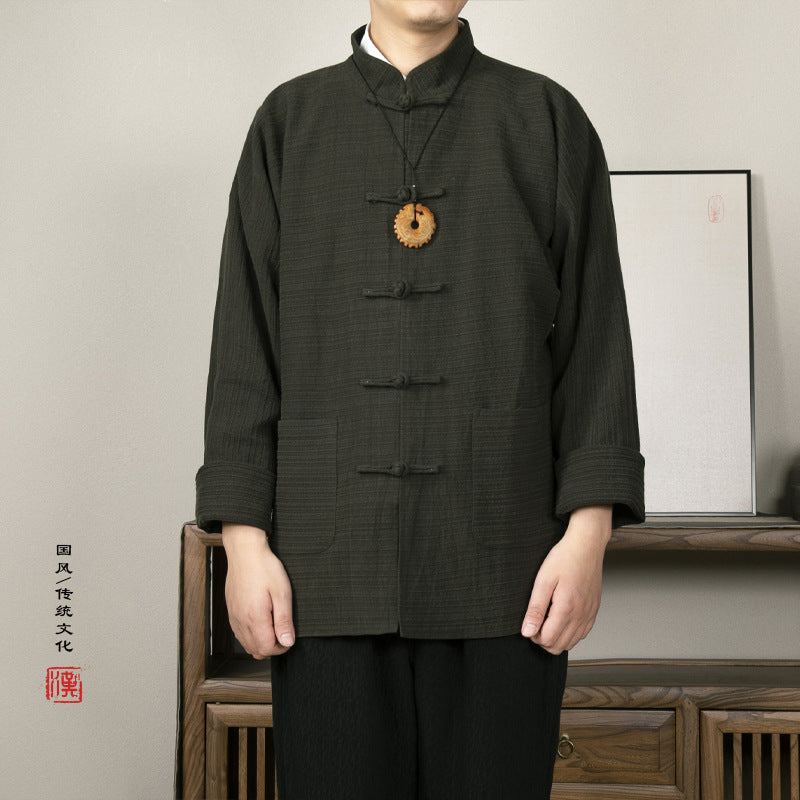 Autumn Winter New Chinese Style Men's Cotton and Linen Stand-up Collar, New Chinese Disc Buckle Men's Tang Thick Jacket