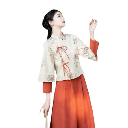 Spring and Autumn New Chinese Retro National Style Lady Print Deerskin Velvet Tang Costume Modified Hanfu Zen Tea Suit Set