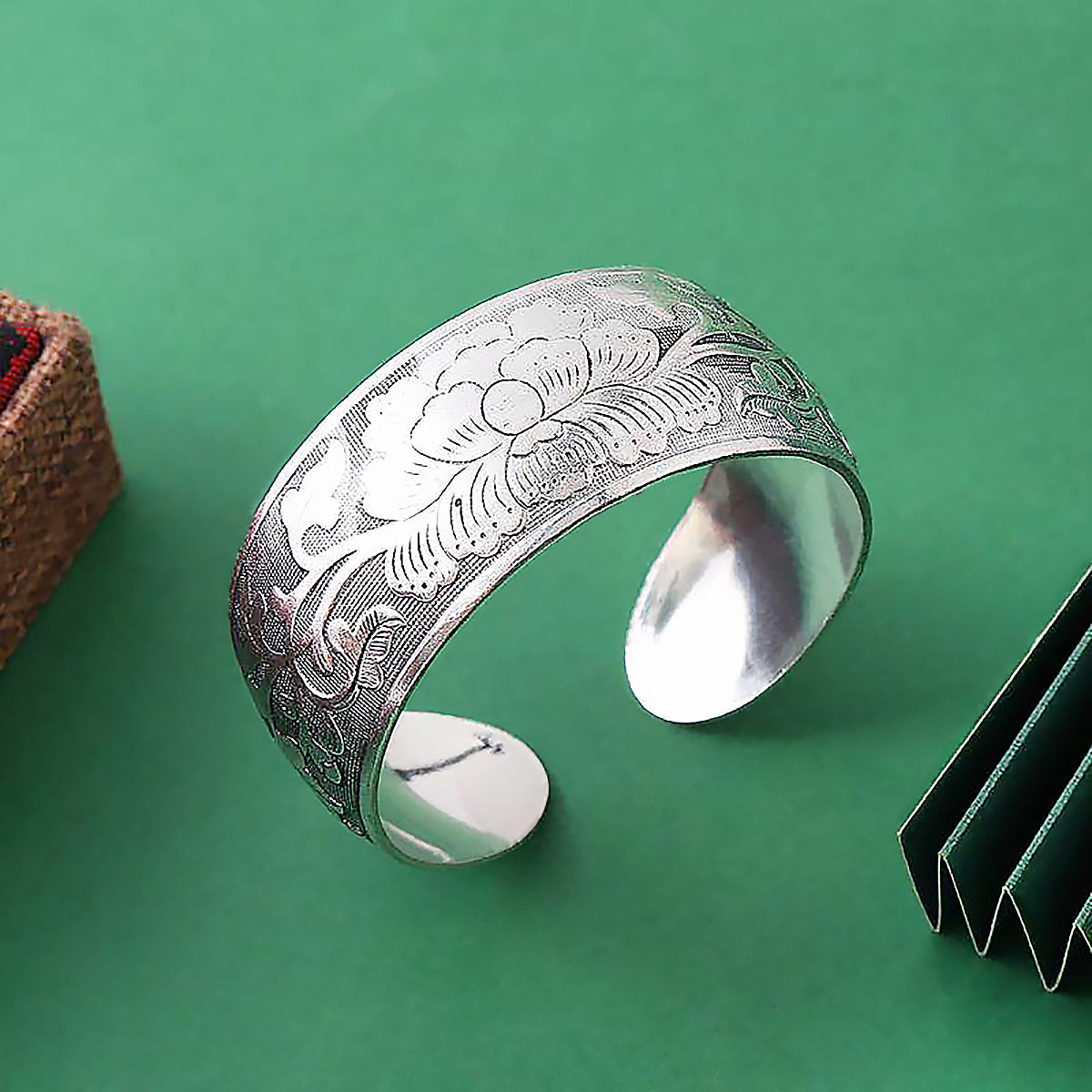 Peony Flower Silver Cuff Bracelet Floral Bracelet for Women Gift-1