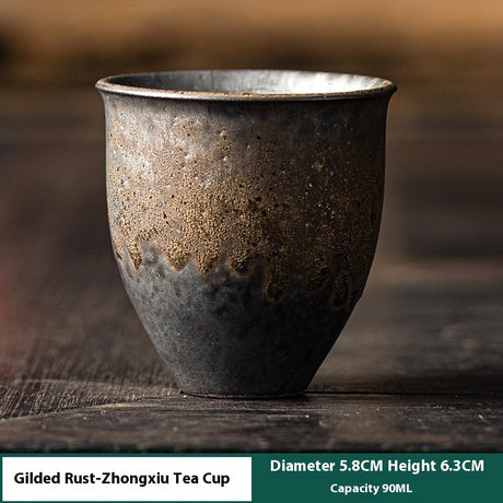 Oolong Tea Set Gilt Iron Rust Glaze Vintage Rough Pottery Teacup-6