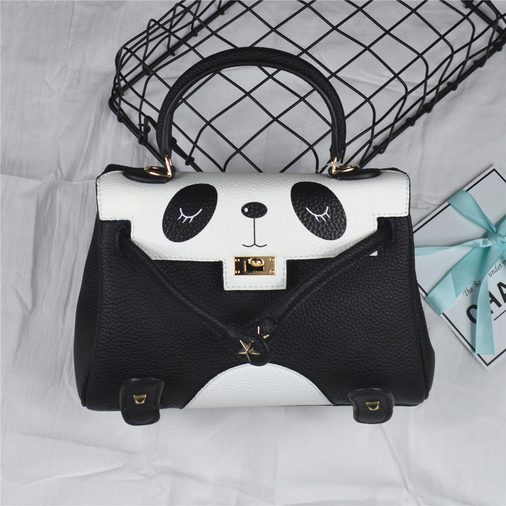 Panda Printing Genuine Cowhide Lychee Lines Women Commuting Bag-1