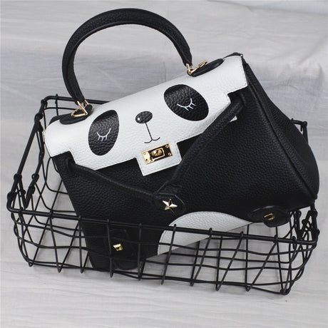Panda Printing Genuine Cowhide Lychee Lines Women Commuting Bag-2