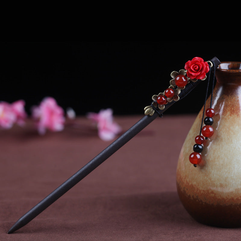 Red Agate Rose Vintage Hairpin-1