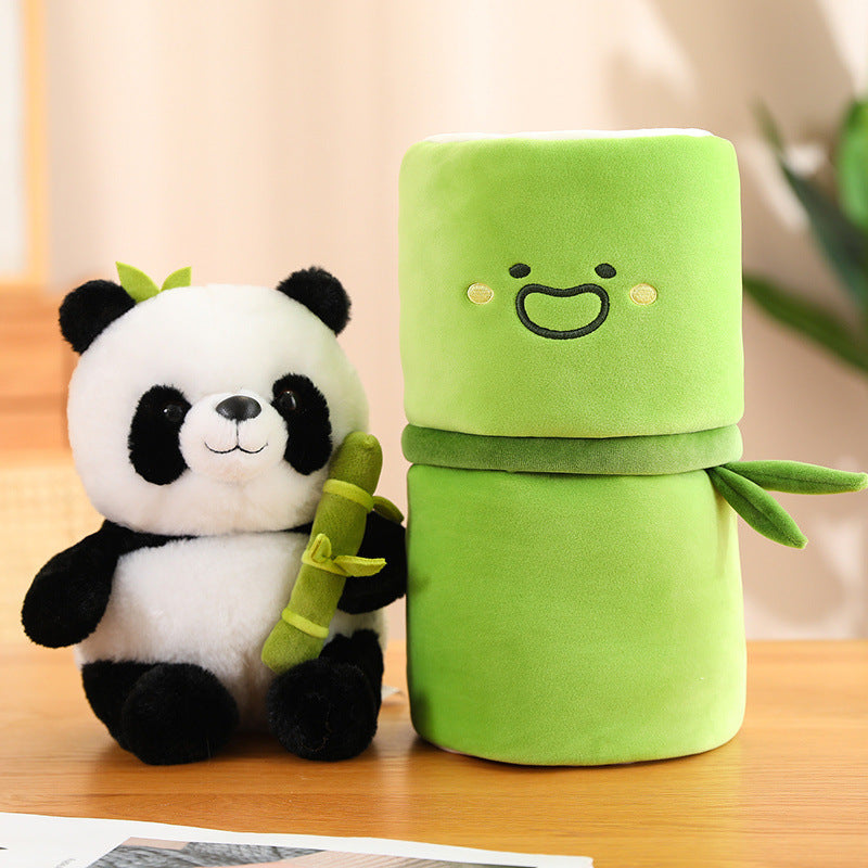 Simulated Bamboo Tube Flower Panda Pillow Plush Doll-1