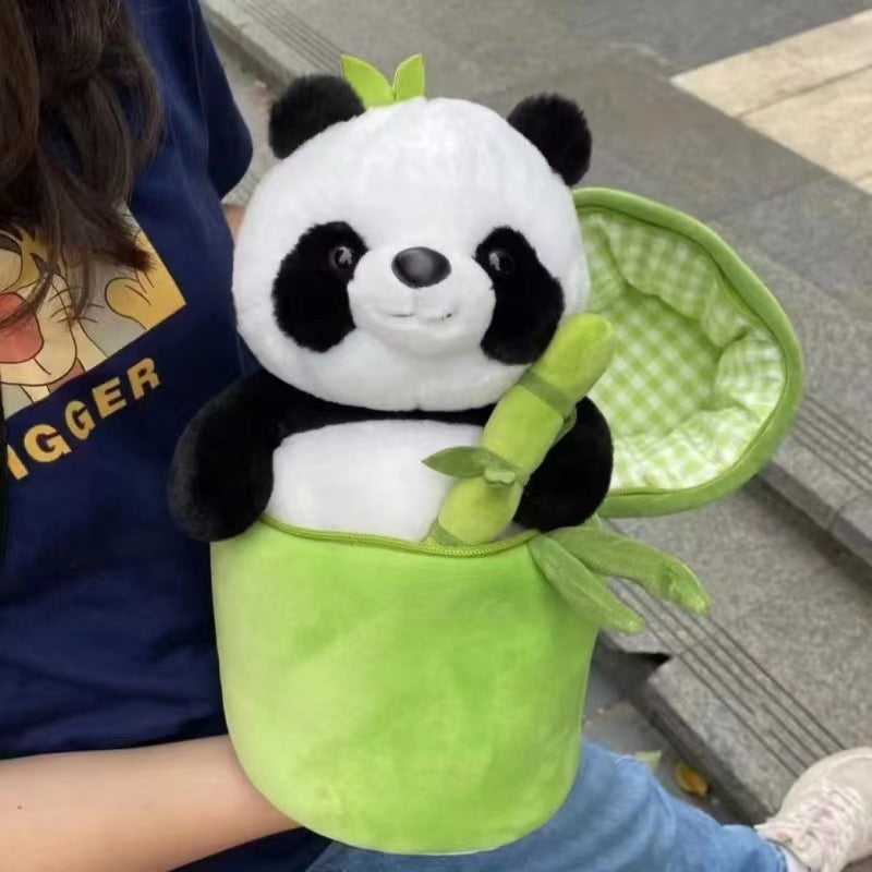 Simulated Bamboo Tube Flower Panda Pillow Plush Doll-3