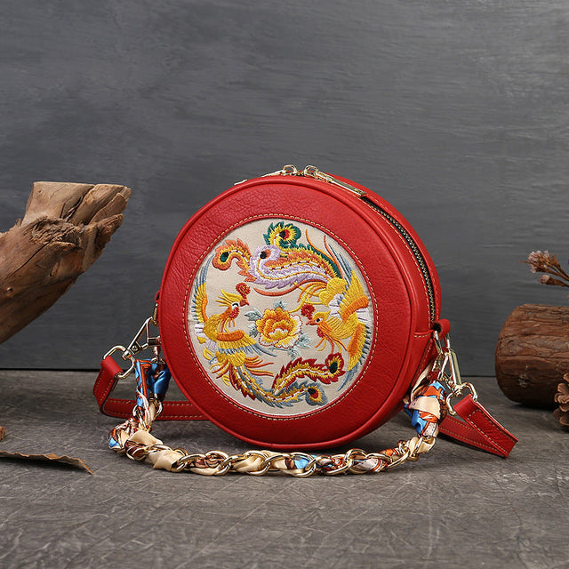 Small Round Bag Phoenix Embroidery Shoulder Bag-1