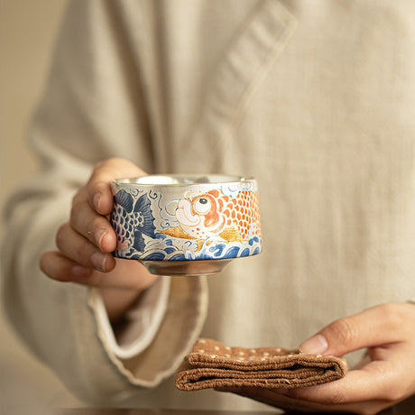 Tea Set Gift Set Hand Painted Koi Porcelain Silver Plated Master Cups-1
