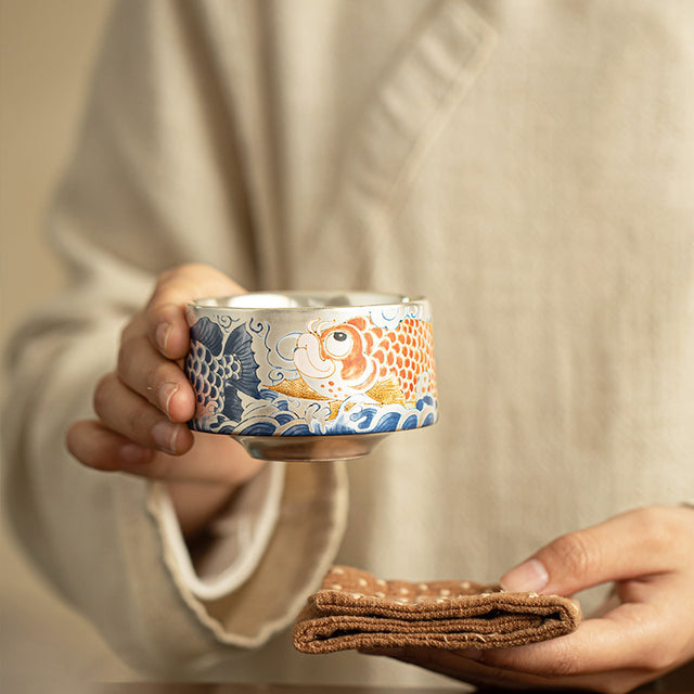 Tea Set Gift Set Hand Painted Koi Porcelain Silver Plated Master Cups-1