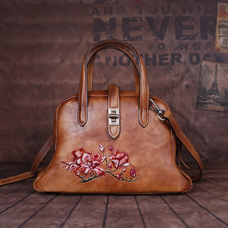 Top Layer Cowhide Vintage Embossed Handbag-2