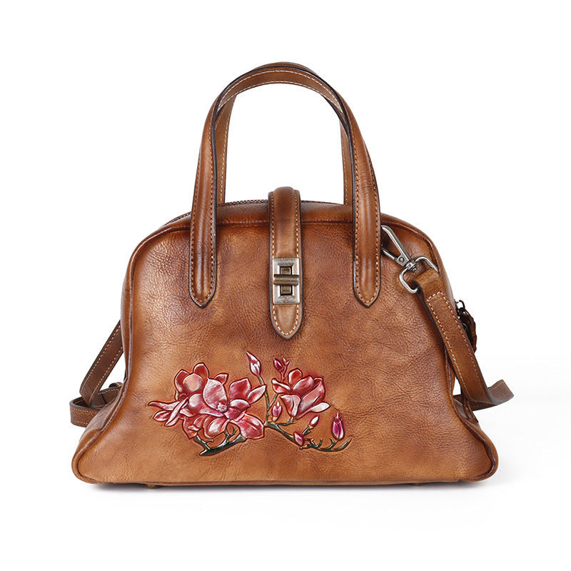 Top Layer Cowhide Vintage Embossed Handbag-5