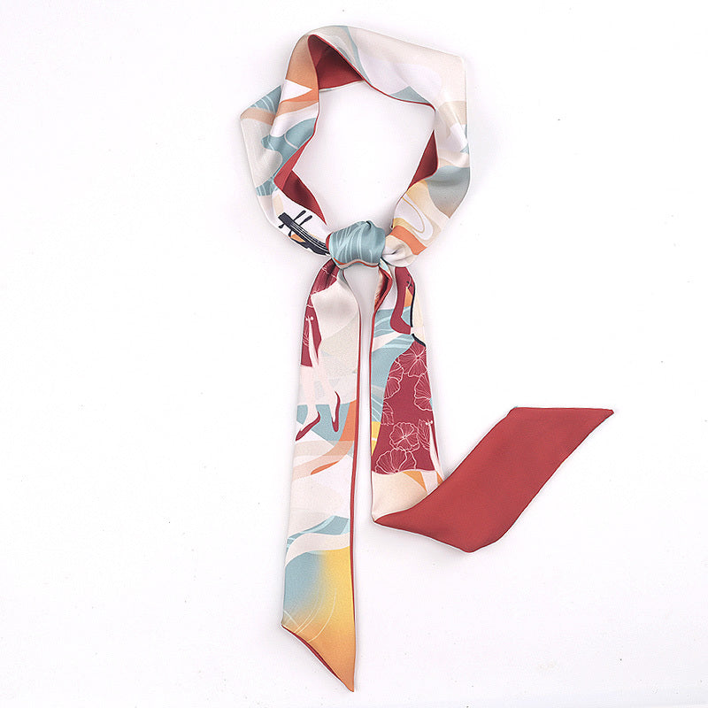 Vintage Style Crane Slender Printed Silk Scarf-10