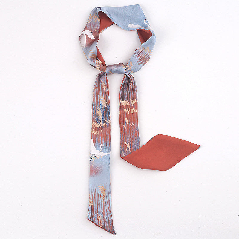 Vintage Style Crane Slender Printed Silk Scarf-2