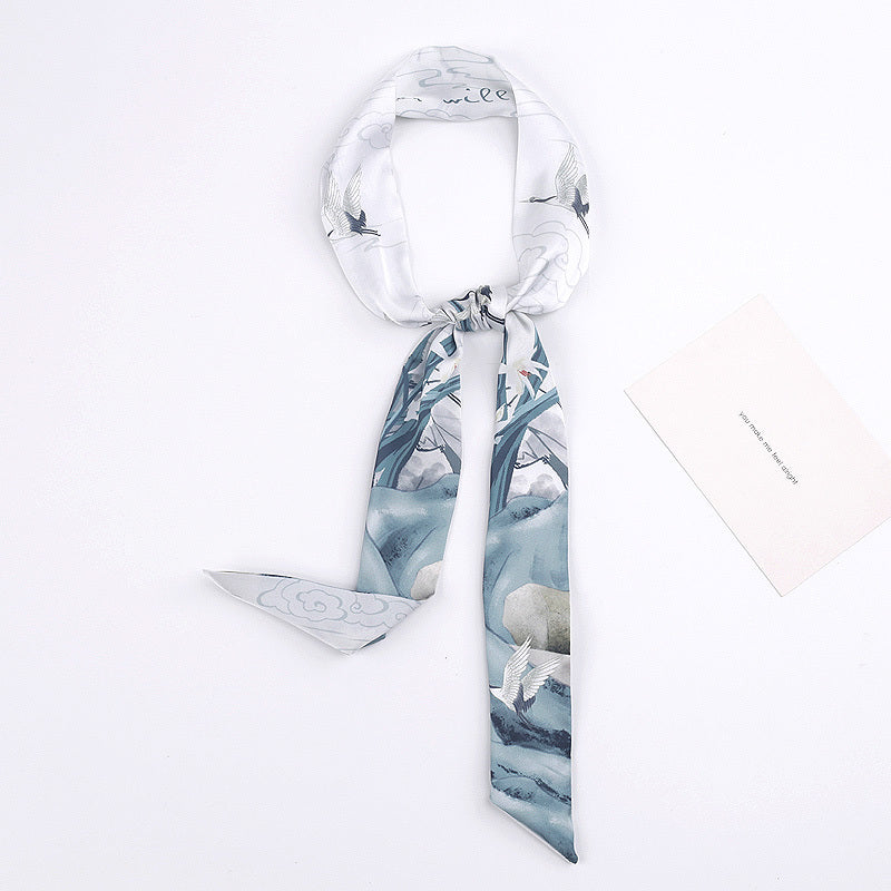 Vintage Style Crane Slender Printed Silk Scarf-6