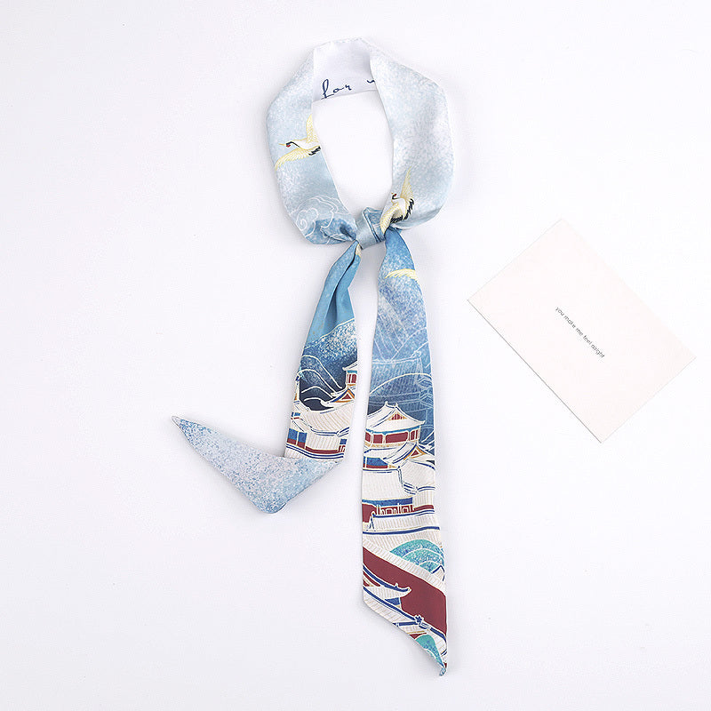 Vintage Style Crane Slender Printed Silk Scarf-8