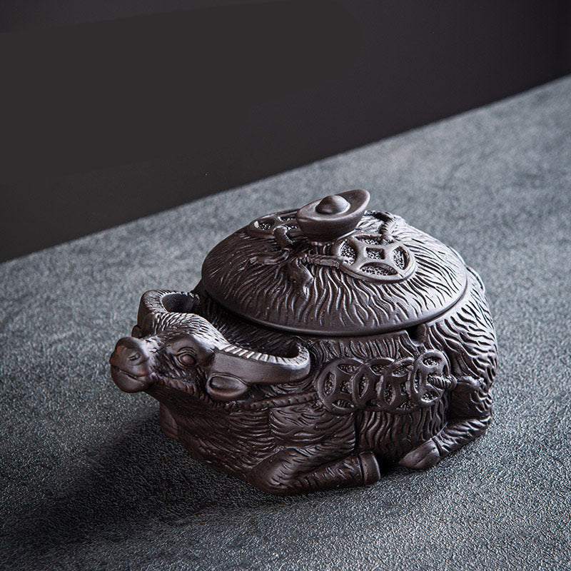 Wealth Buffalo Creative Household Purple Clay Ashtray with Lid-1