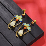 Women's Retro Style Hetian Jade Flower Silver Earrings-1