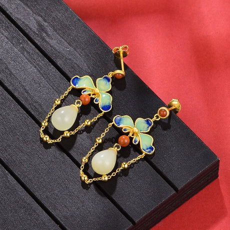 Women's Retro Style Hetian Jade Flower Silver Earrings-1